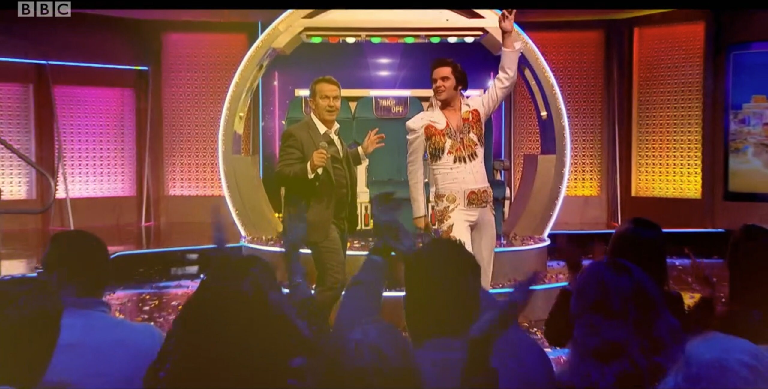 Elvis impersonator JD King sings Viva Las Vegas with Bradley Walsh on 'Take Off with Bradley & Holly' BBC One