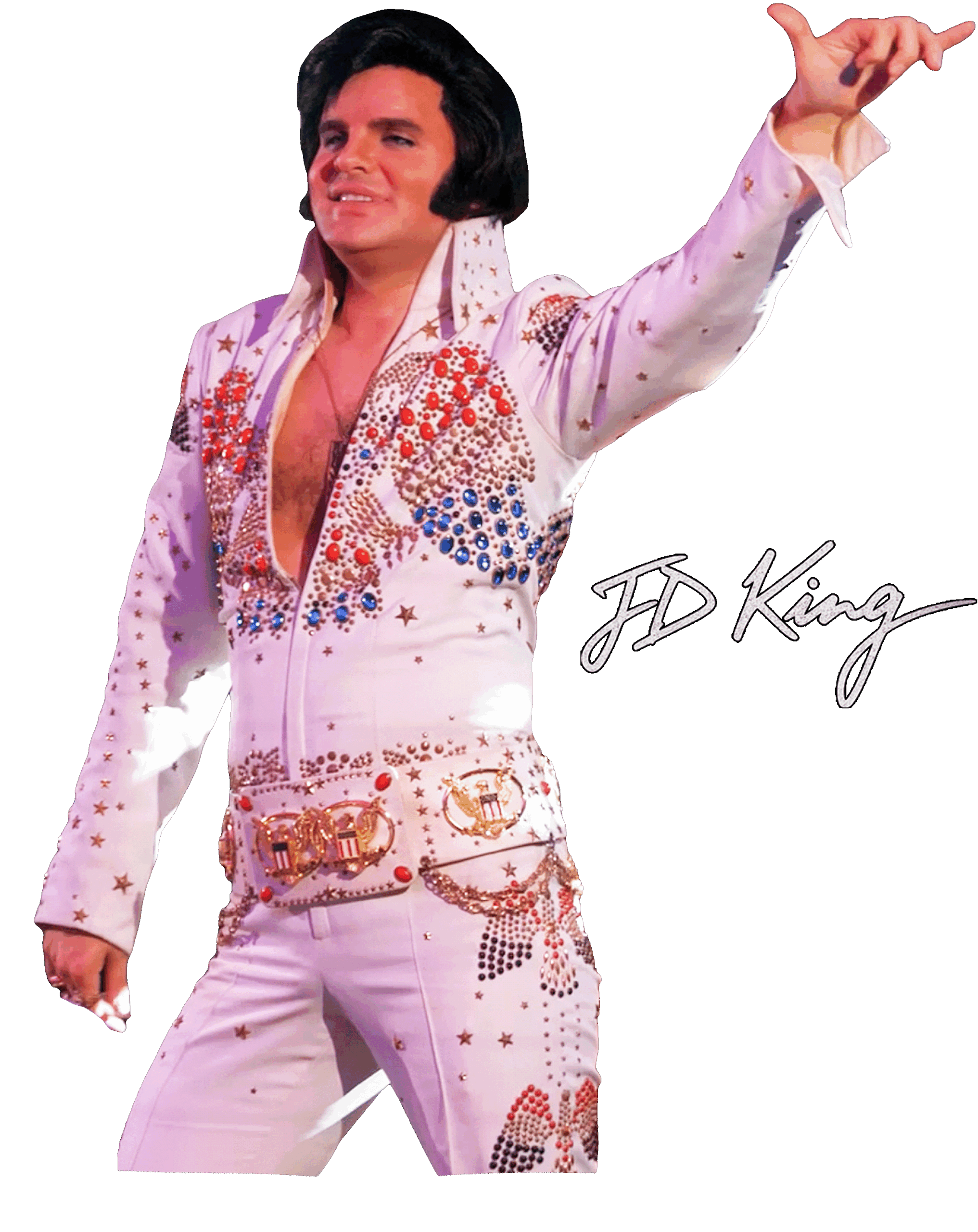 Elvis Impersonator JD King | Champion Tribute Artist 3 Elvis impersonator JD King wearing a white Aloha eagle jumpsuit salutes the crowd with signature